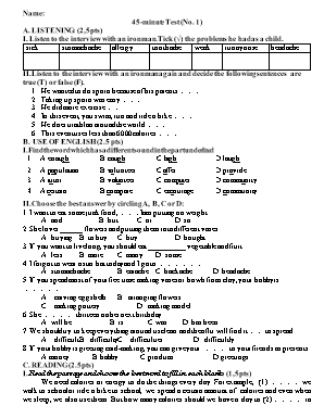 Đề kiểm tra 1 tiết lần 1 môn Tiếng Anh Khối 9